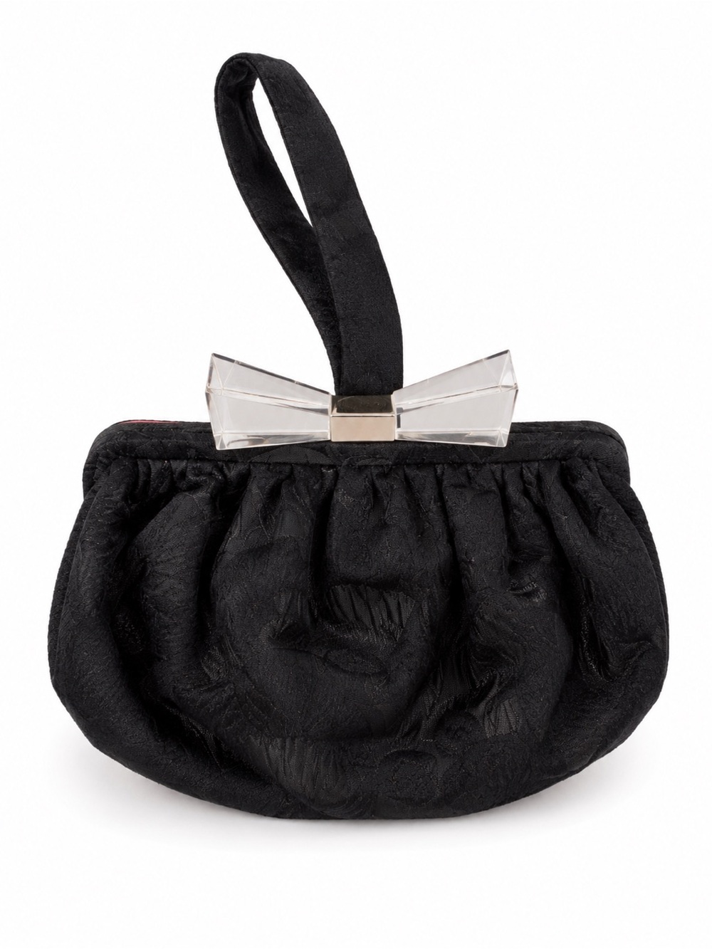 Trina Turk Black Evening Clutch Wristlet Clear Bow Pink Lining OS